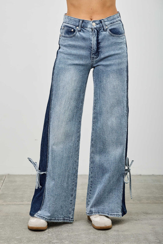 Mid Rise Contrast Wide Leg With Tie