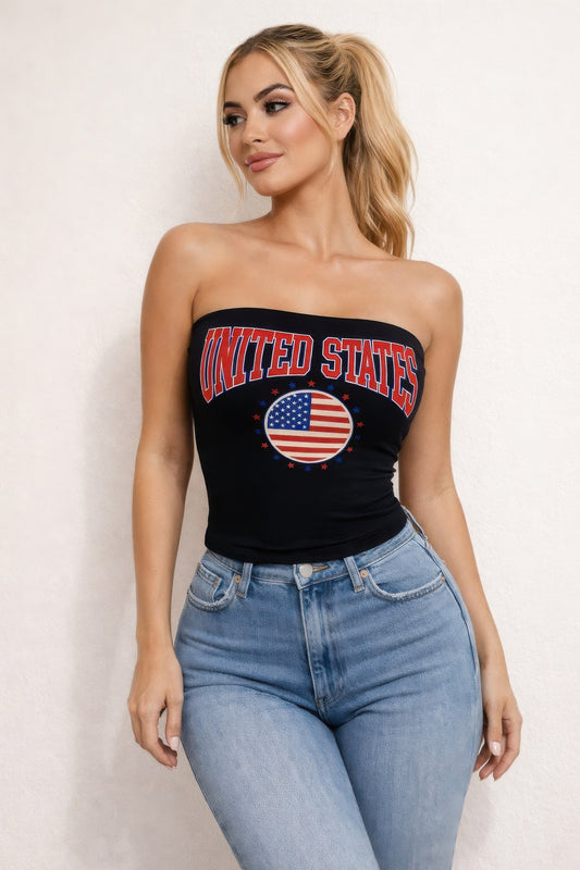 Patriotic Usa Graphic Strapless Stretch Tube Top