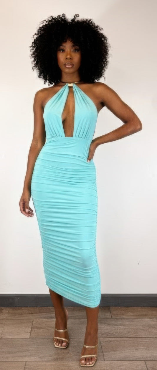 Strapless Necklace Detail Open Back Midi Dress