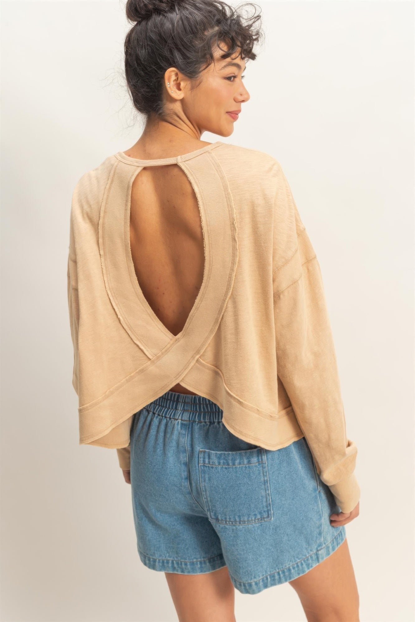 Cross Detail Open Back Long-sleeve Top