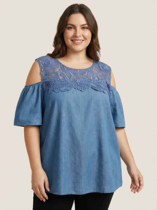 Lace Yoke Cold-shoulder Chambray Blouse