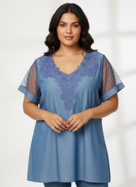 Embroidered V-neck Mesh Sleeve Knit Top