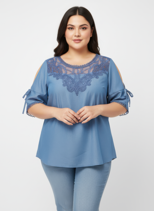 Lace Yoke Cold-shoulder Tie Sleeve Knit Top