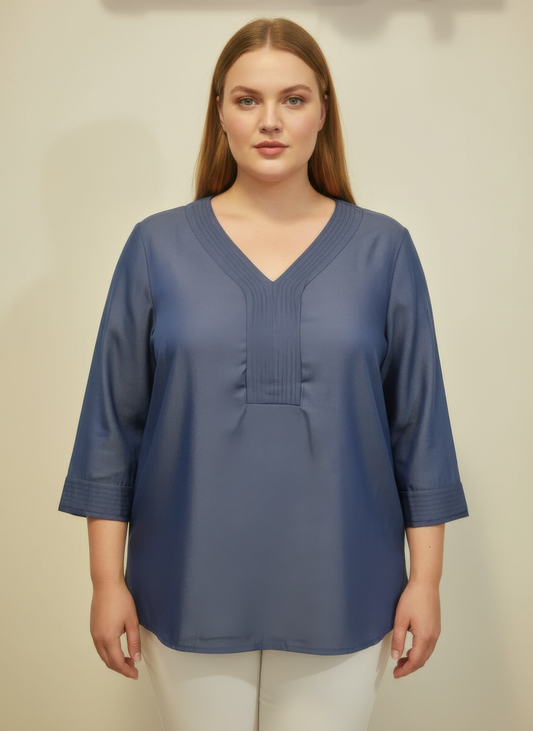 Pleated V-neck Three-quarter Sleeve Knit Top