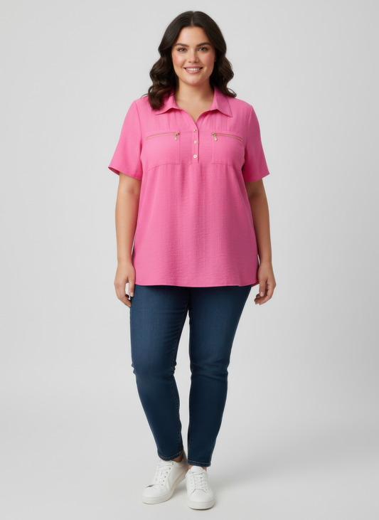 Zip Pocket Collared Knit Tunic Top
