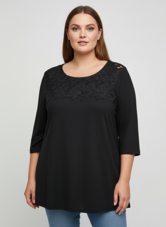 Lace Yoke Three-quarter Sleeve Knit Top