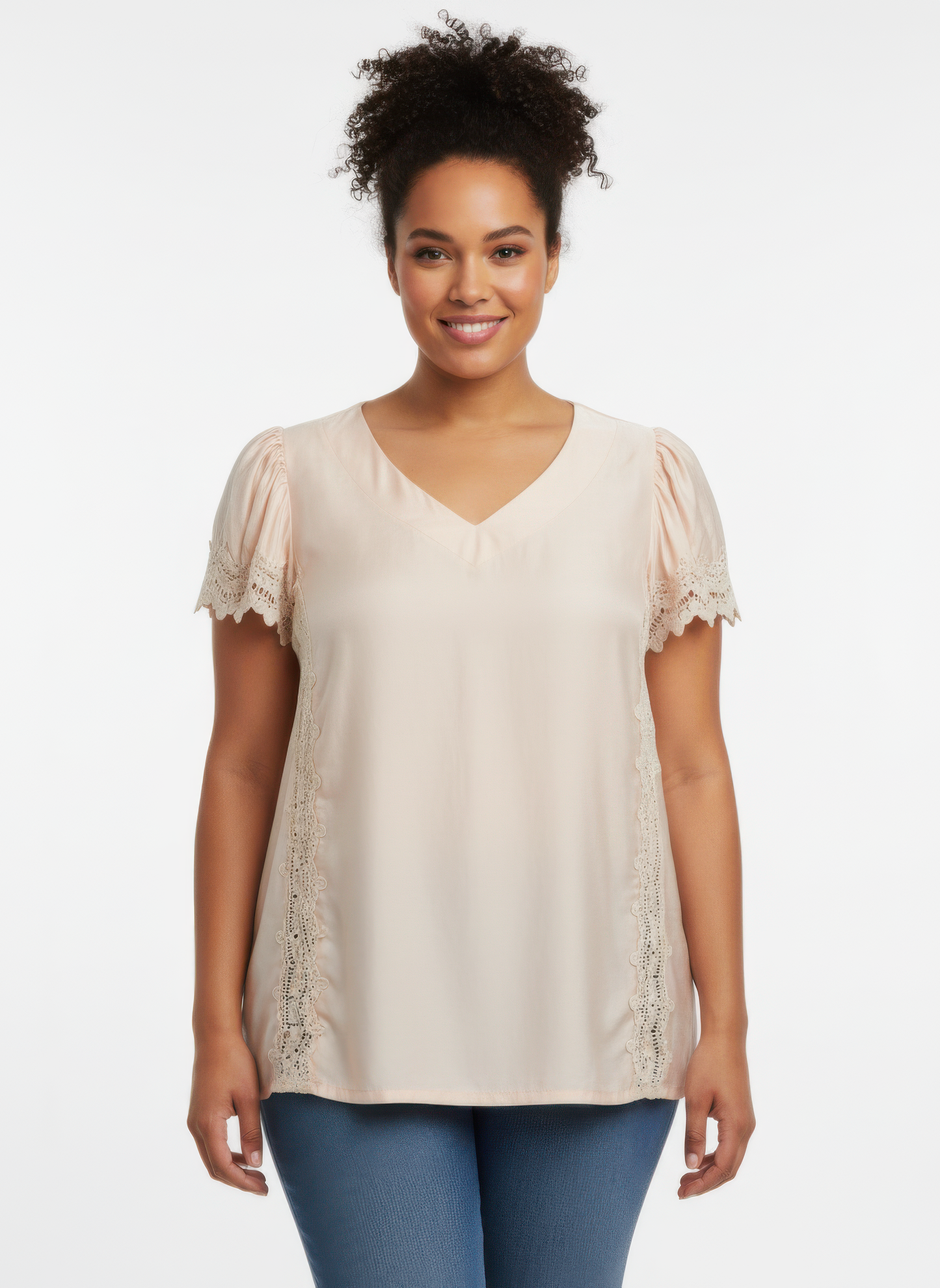 Lace Trim V-neck Short Sleeve Knit Top