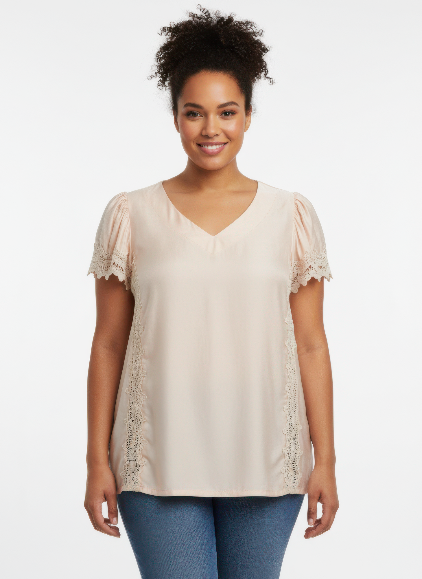 Lace Trim V-neck Short Sleeve Knit Top