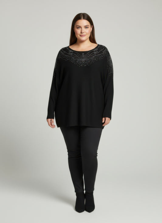 Scarlet Embellished Neckline Dolman Sleeve Tunic Top