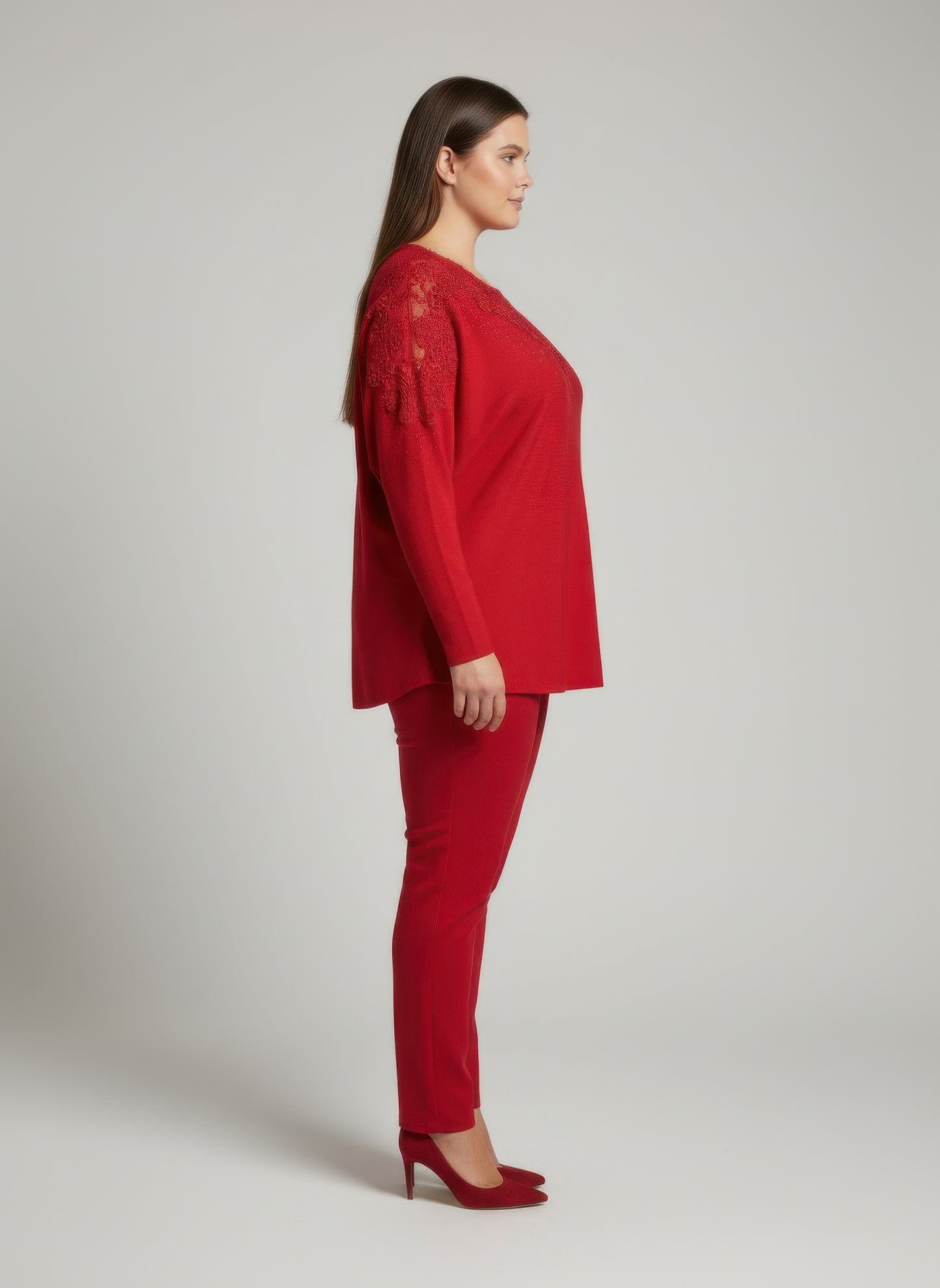 Crimson Lace Embellished Knit Tunic Top
