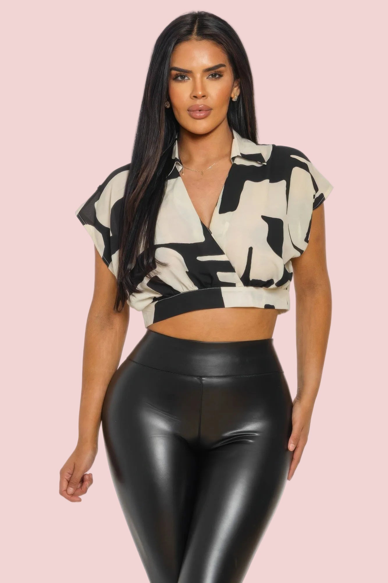 Modern Muse Abstract Crop Top – Chic Wrap Front Blouse for Women - Tops