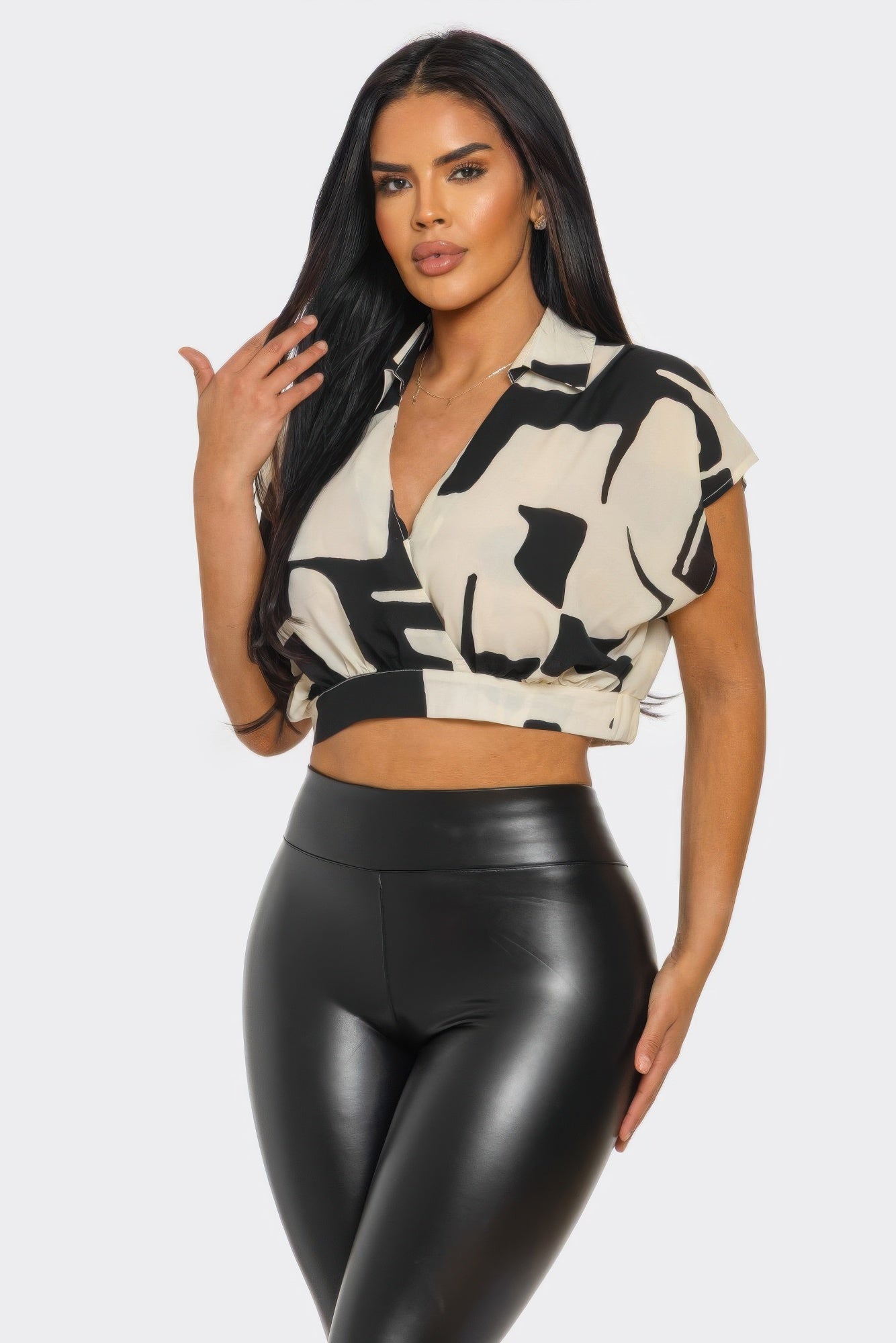 Modern Muse Abstract Crop Top – Chic Wrap Front Blouse for Women - Tops