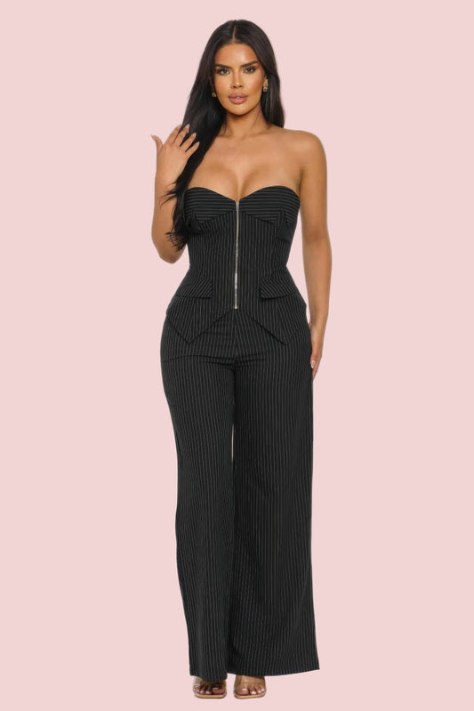 Power Structure Pinstripe Pant Set – Strapless Corset Two-Piece Set for Women - SETS