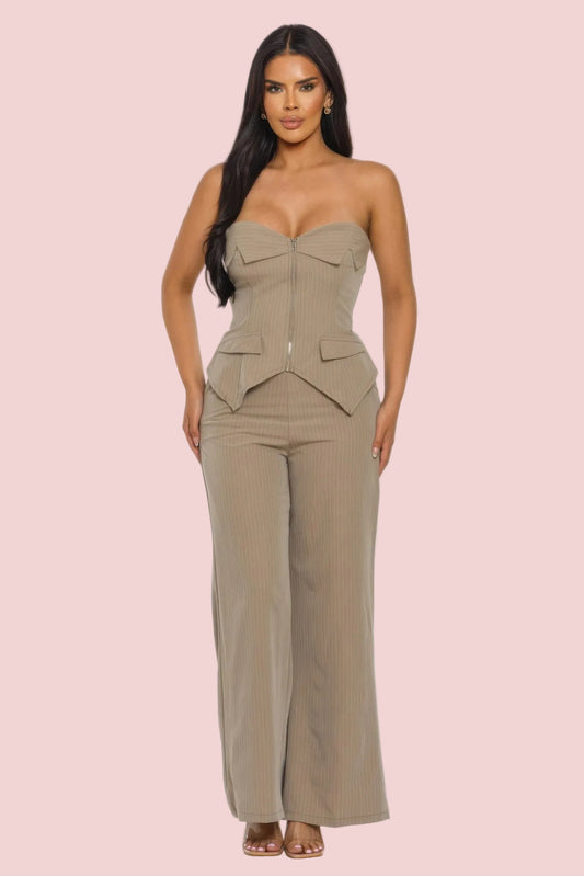 Power Structure Pinstripe Pant Set – Strapless Corset Two-Piece Set for Women - SETS