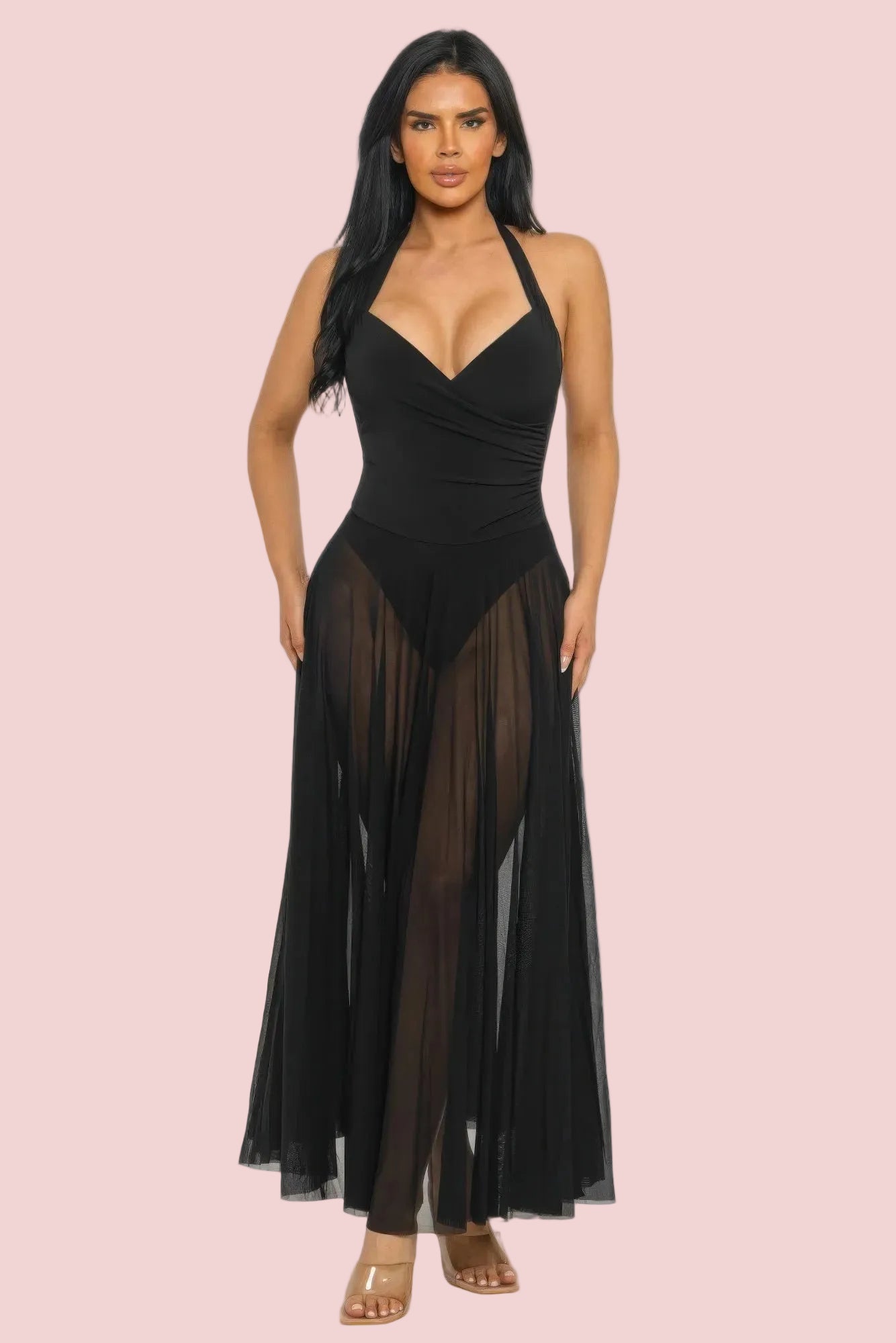 Siren’s Veil Halter Maxi Dress – Elegant Sheer Chiffon Evening Dress - DRESSES