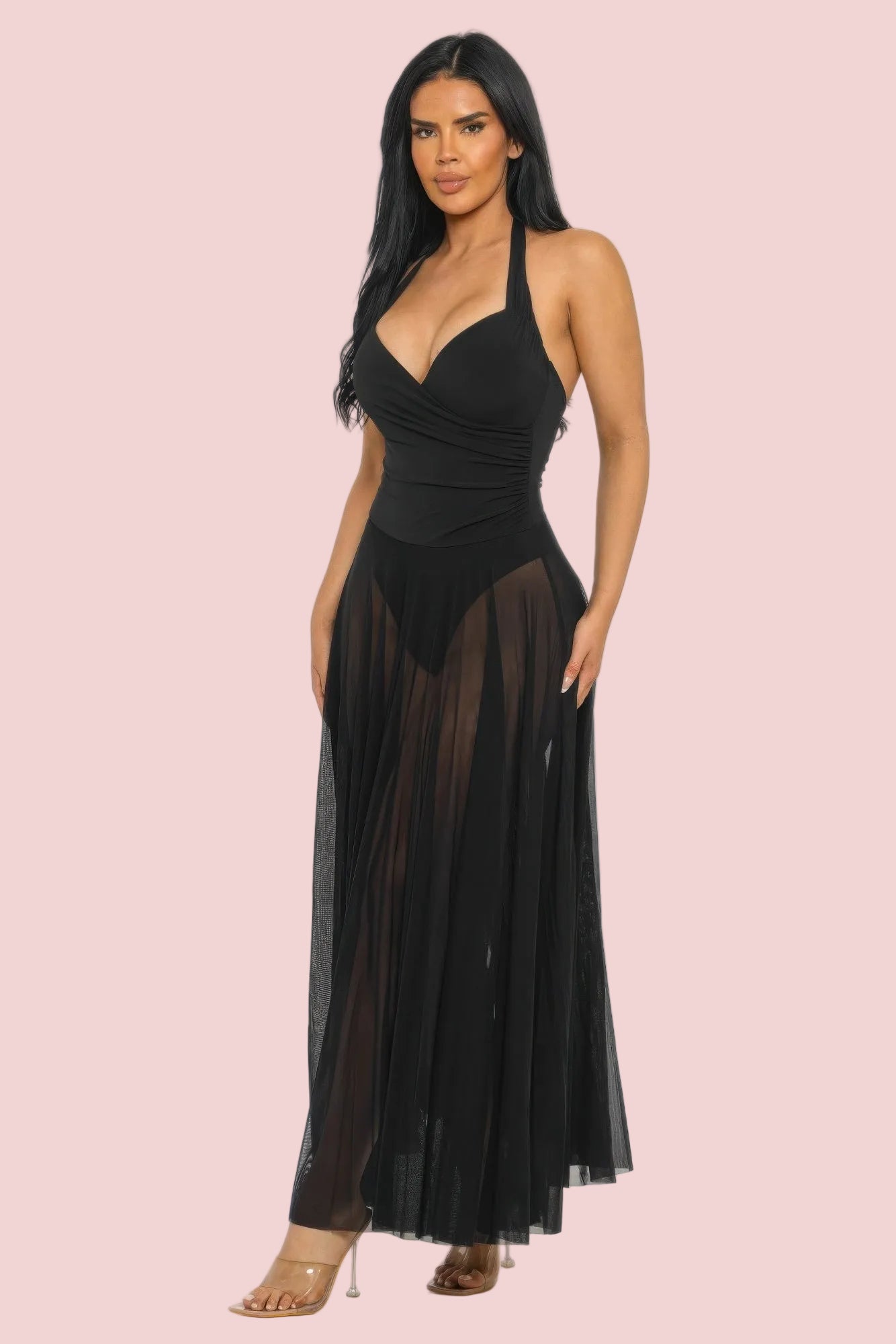 Siren’s Veil Halter Maxi Dress – Elegant Sheer Chiffon Evening Dress - DRESSES
