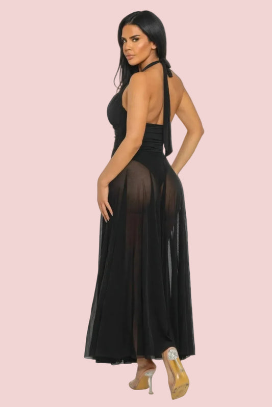 Siren’s Veil Halter Maxi Dress – Elegant Sheer Chiffon Evening Dress - DRESSES