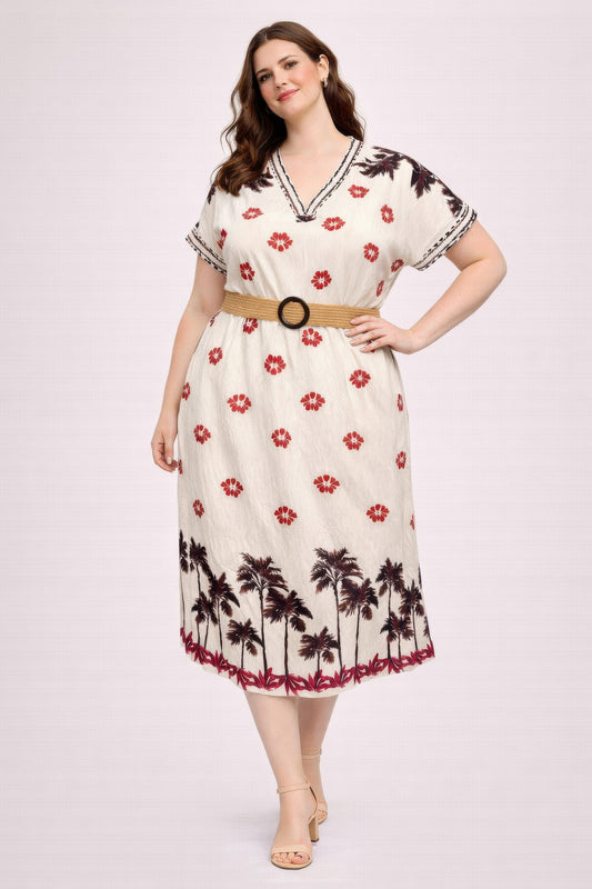 Plus Size Tropical Border Print Midi Dress