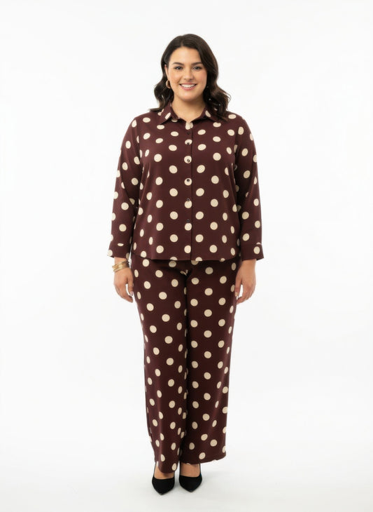 Dot Button-up Top & Wide Leg Pants Set