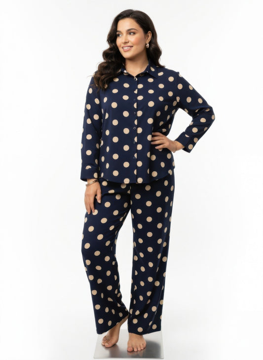 Dot Button-up Top & Wide Leg Pants Set