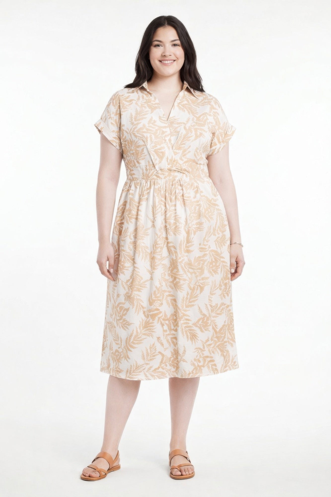 Botanical Print Collared Wrap Waist Midi Dress