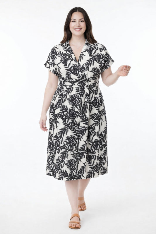 Botanical Print Collared Wrap Waist Midi Dress