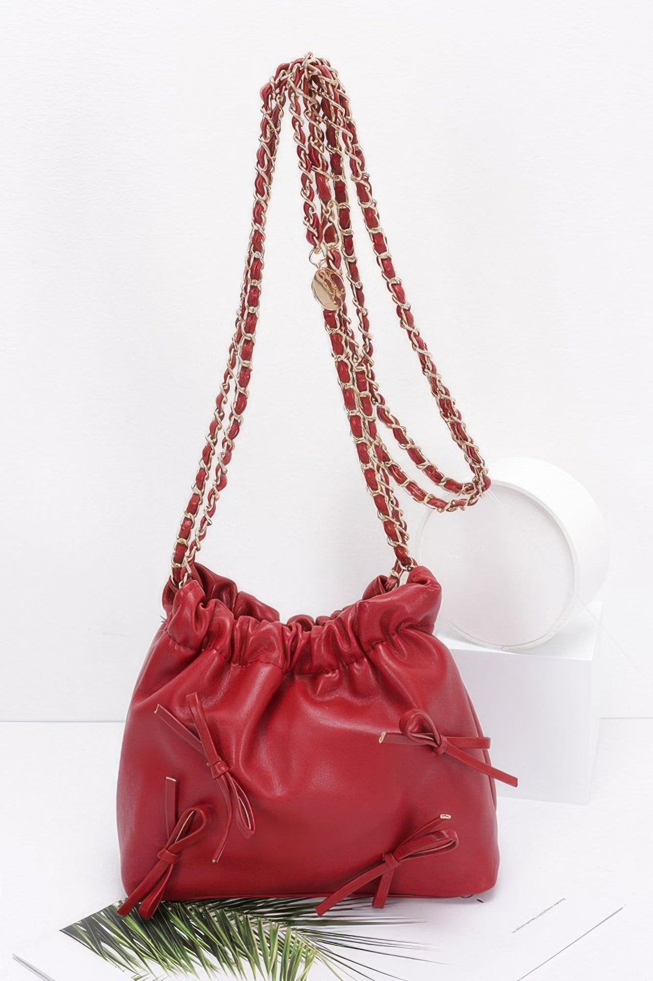 Faux Leather Multi Ribbon Bucket Chaincrossbodybag