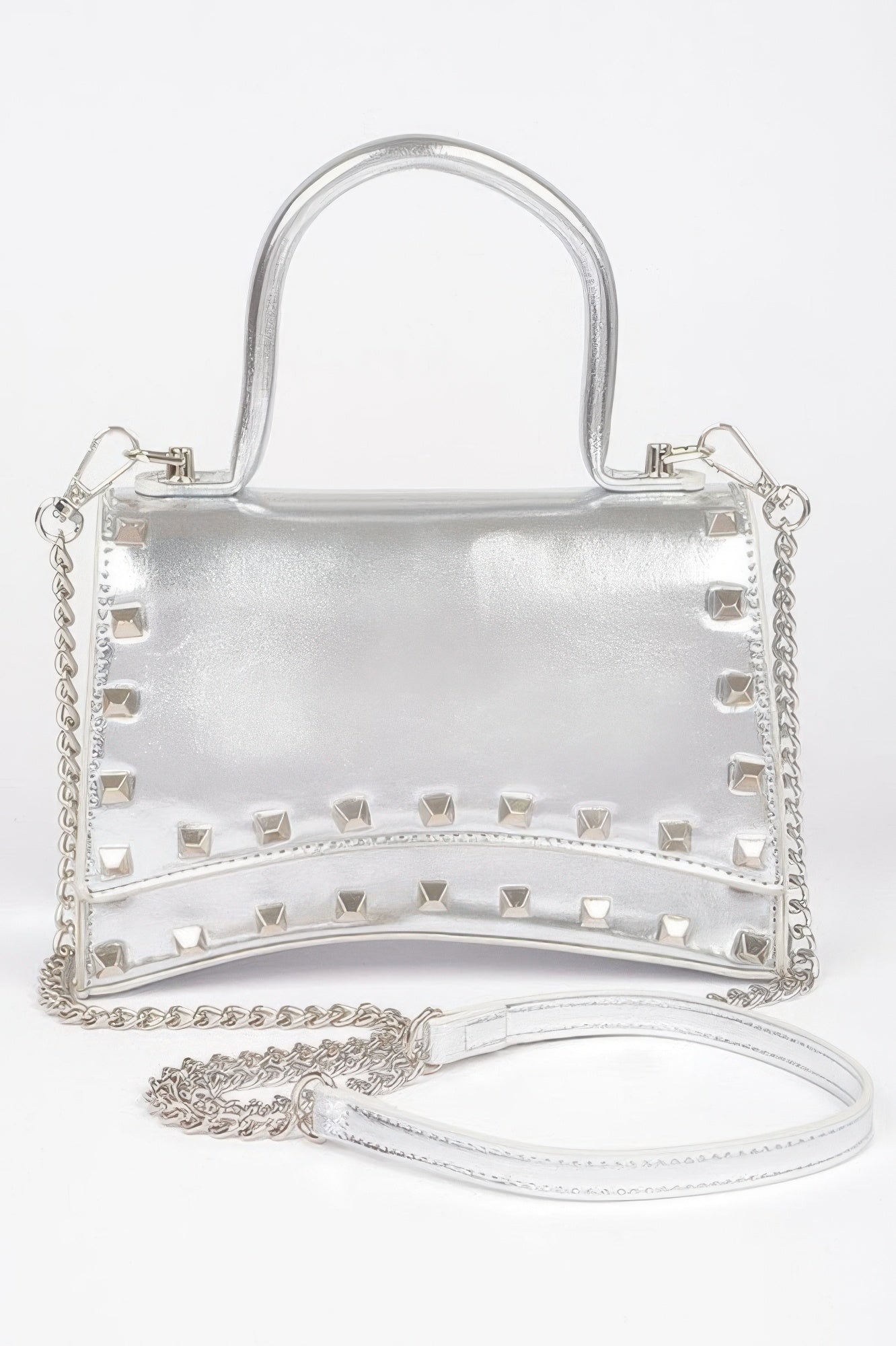 Metallic Faux Leather Studded Top Handle Clutch