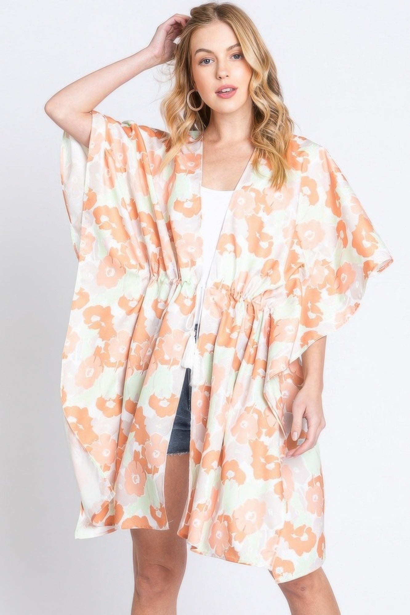 Flower Print Self-tie Drawstring Open Front Cover