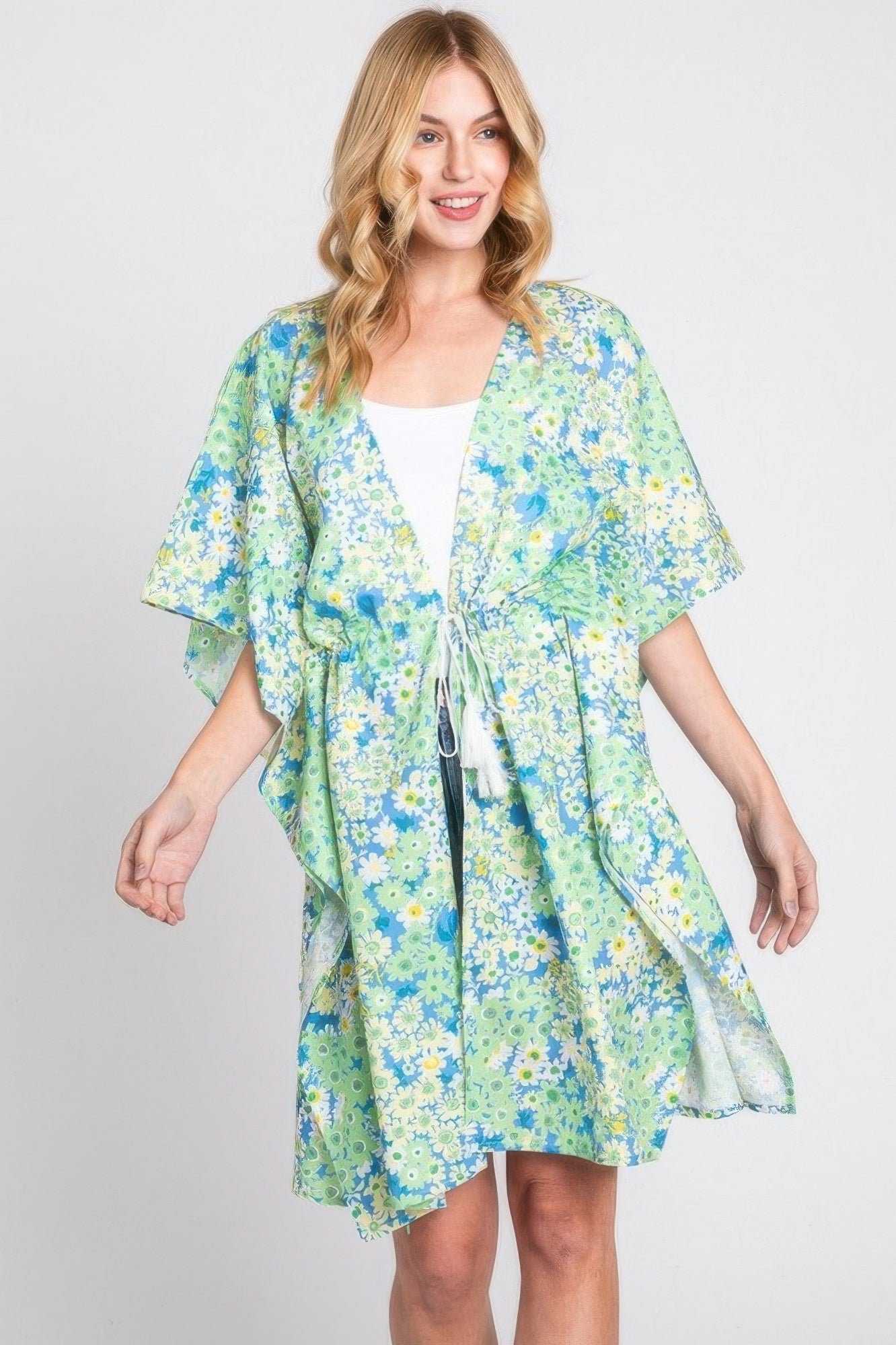 Flower Print Self-tie Drawstring Open Front Cover
