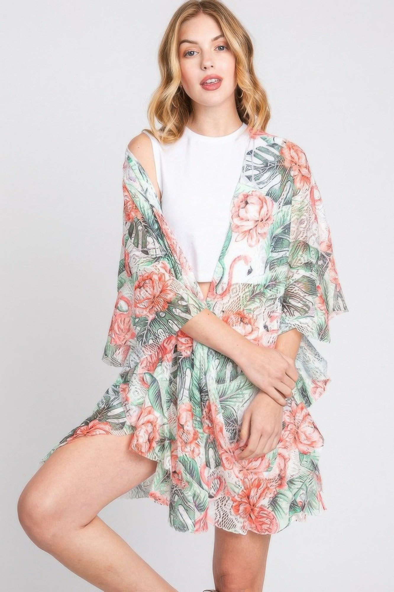 Ruffle Lined Tropical Flamingo Print Open Front