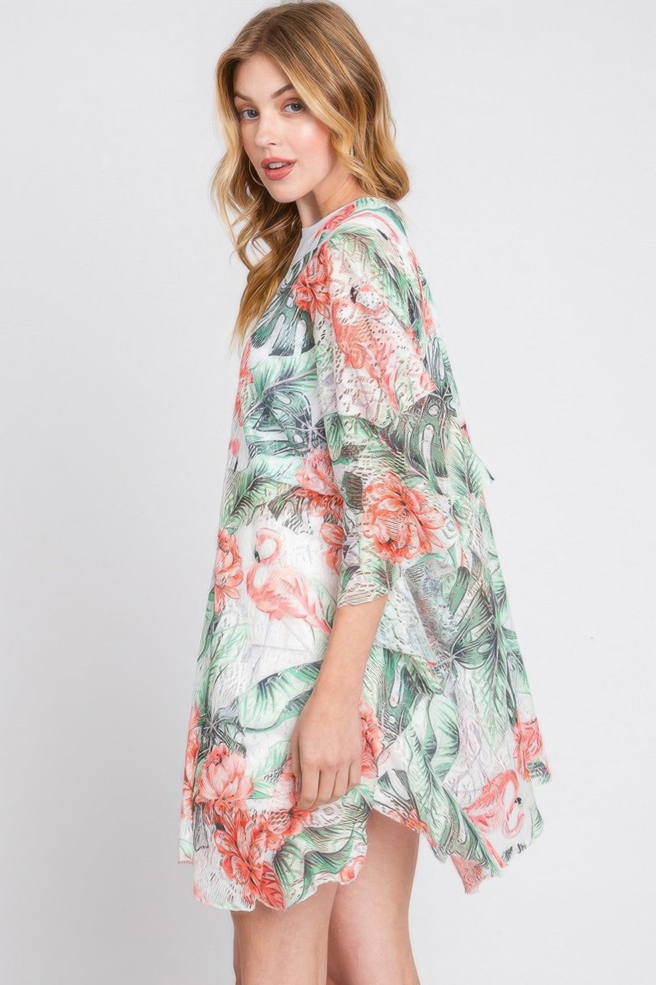 Ruffle Lined Tropical Flamingo Print Open Front