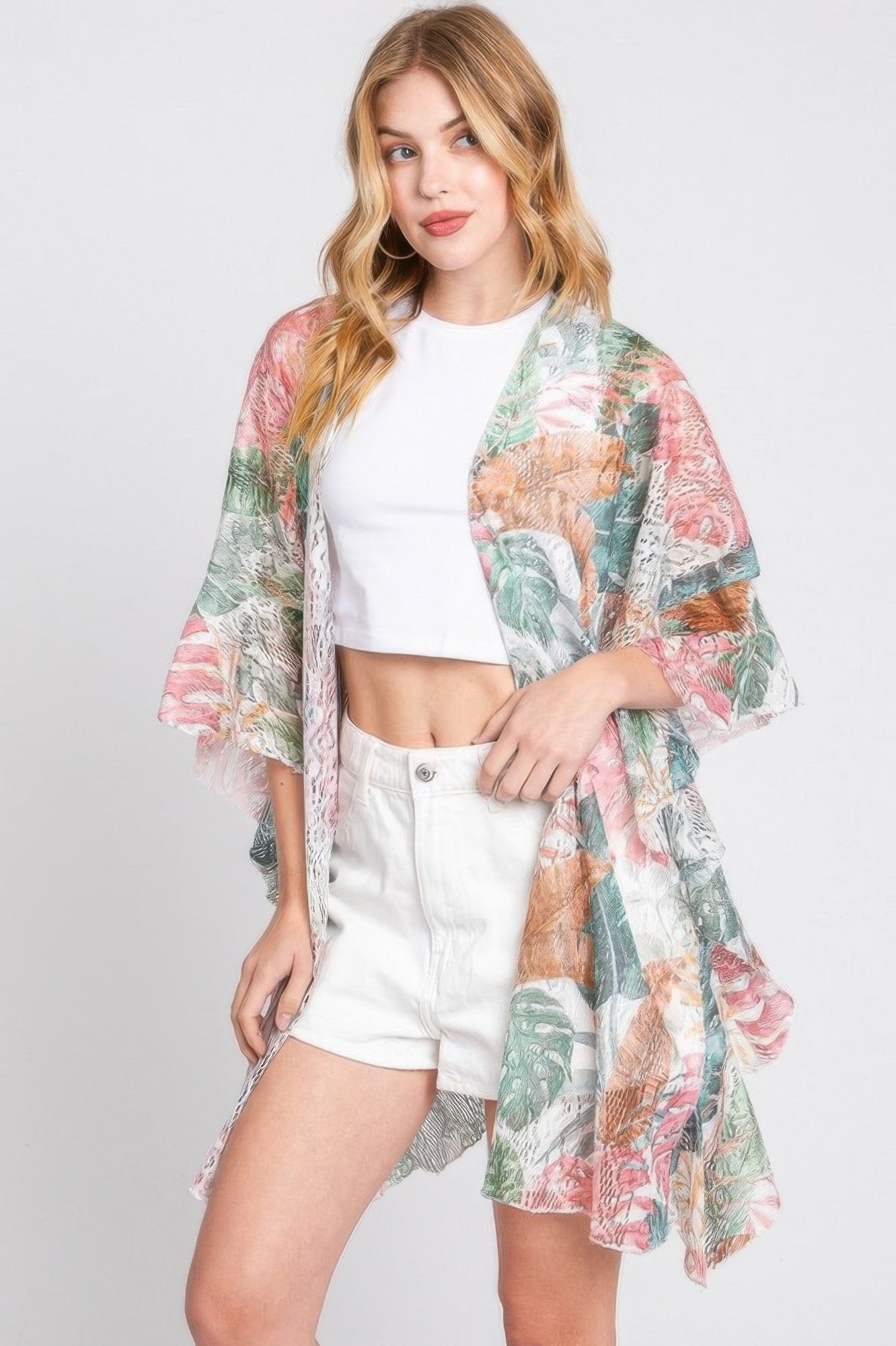 Ruffle Lined Tropical Leaves Print Open Frontcover