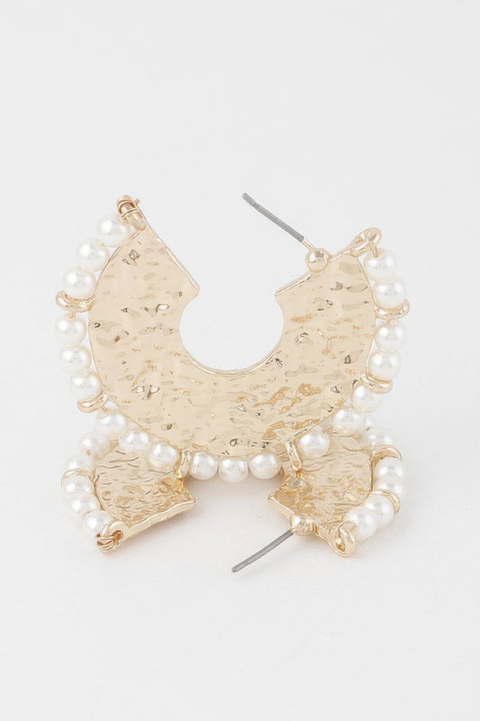 Pearl Hammered Hoop Earrings
