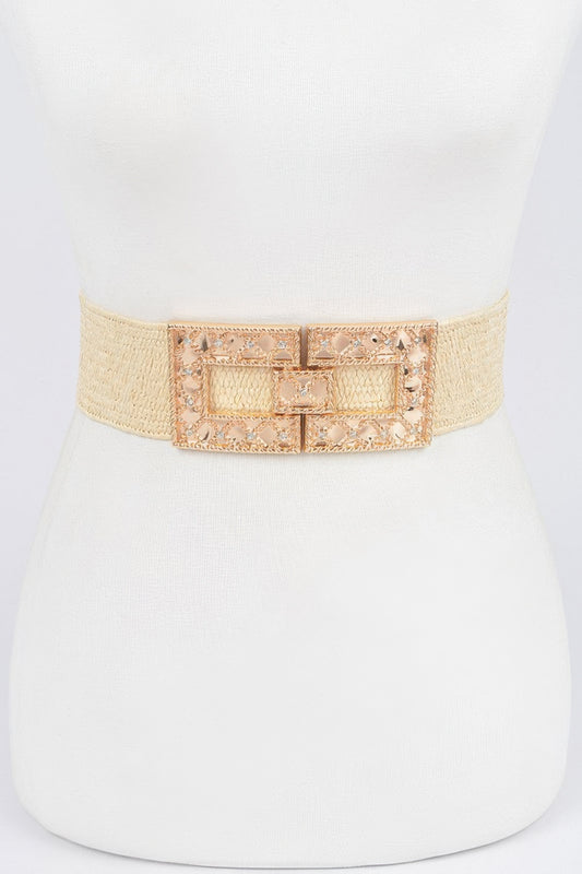 Rhinestone Buckle Stretch Straw Belt