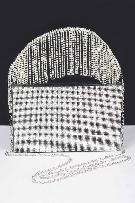 Rhinestone Box Clutch W/rhinestone Fringe Handle
