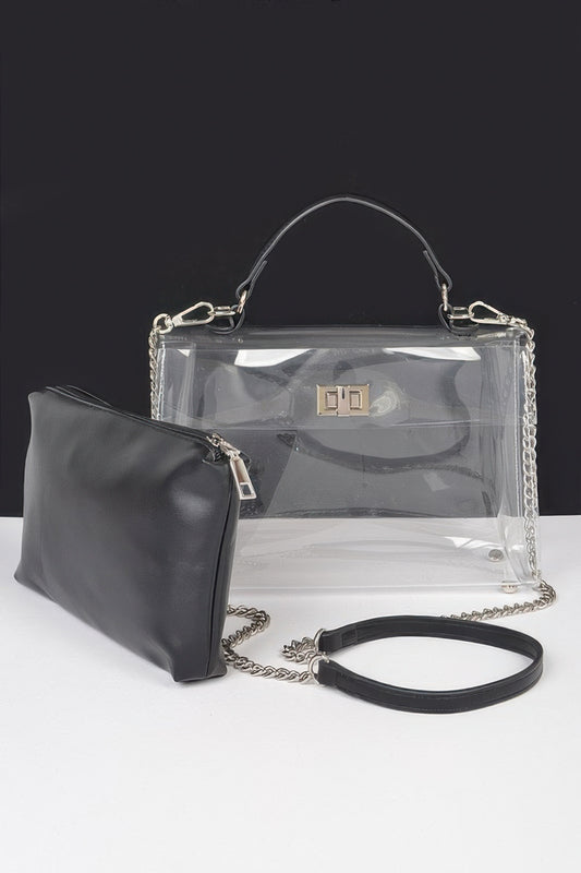 Transparent Top Handle Flap Bag W/ Pouch