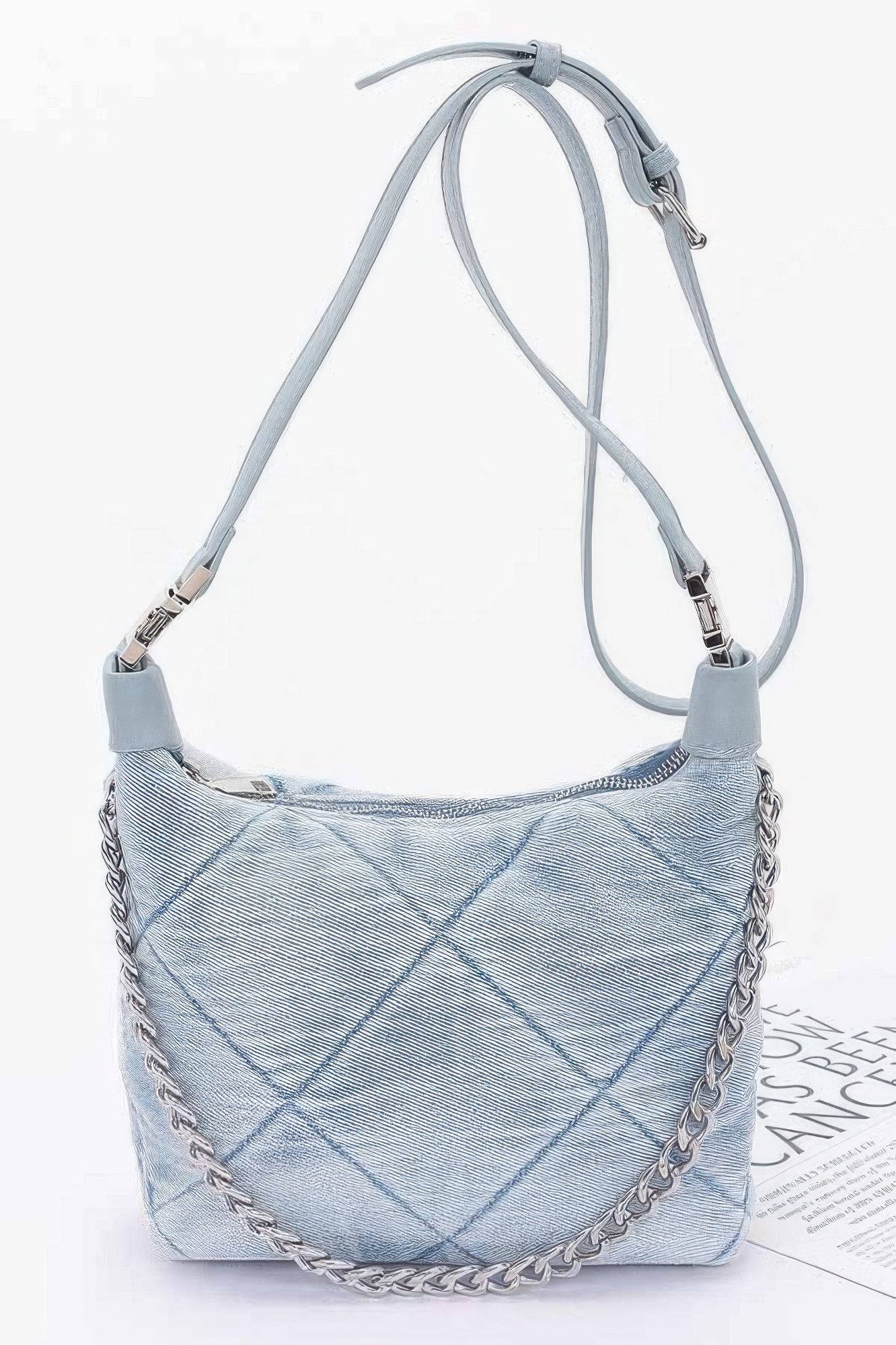 Quilted Washed Denim Shoulder Chain Crossbody Bag