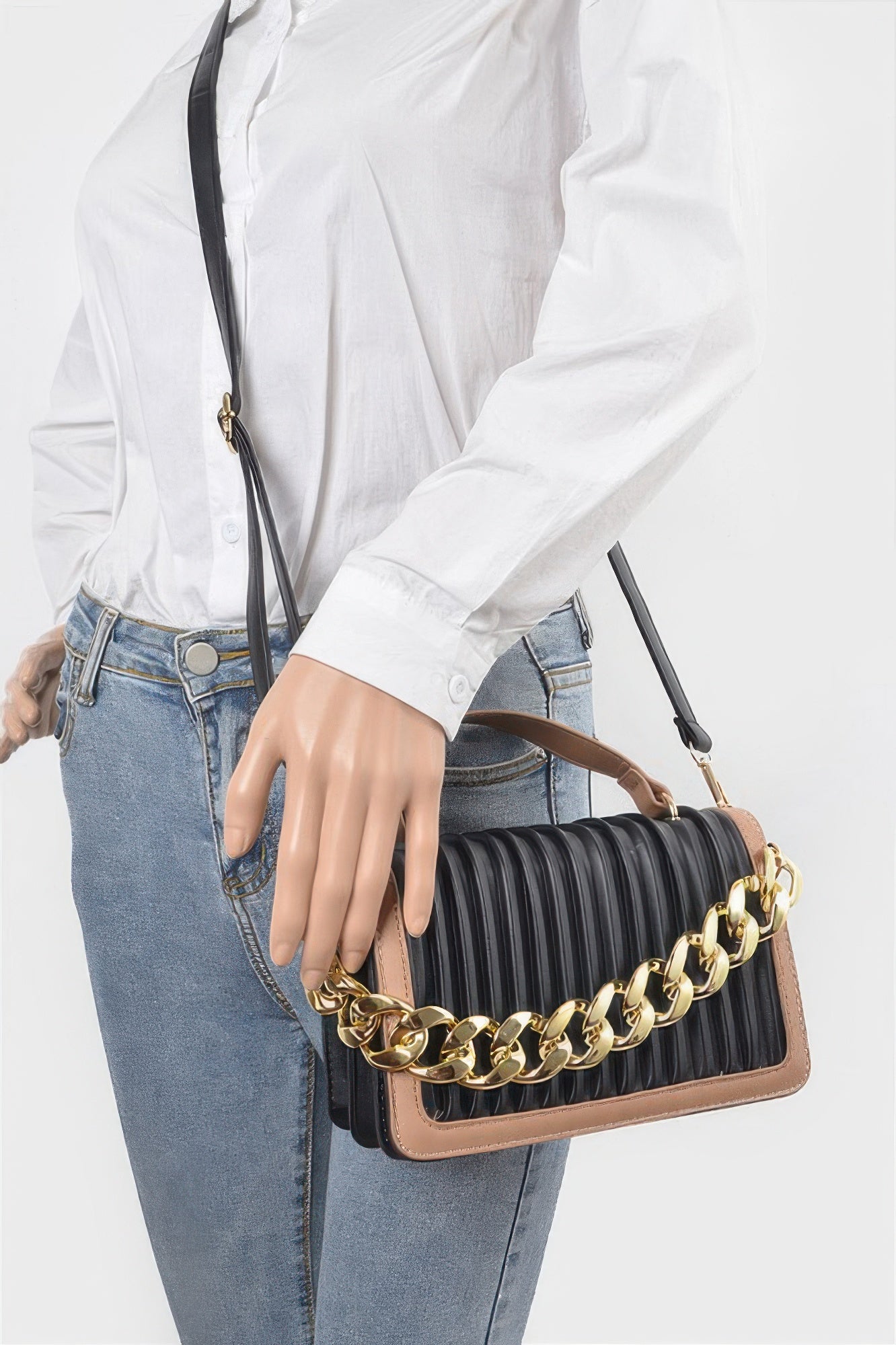 Pleated Faux Leather Color Chain Bag