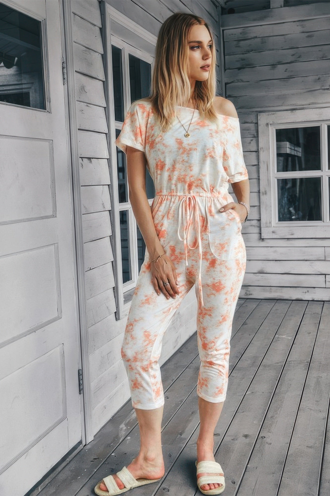 Tie Dye One Shoulder Drawstring Fit Jumpsuit