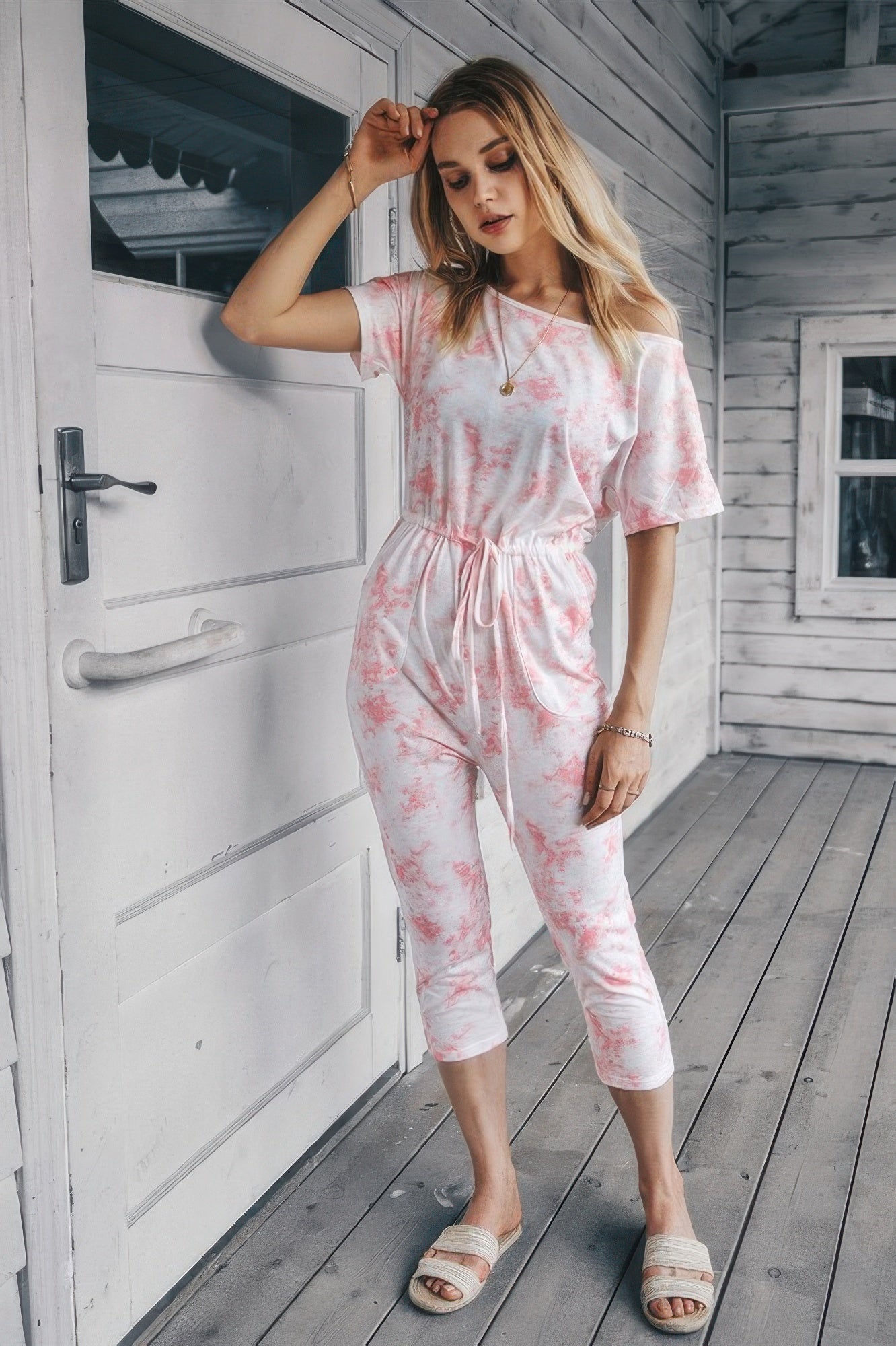 Tie Dye One Shoulder Drawstring Fit Jumpsuit