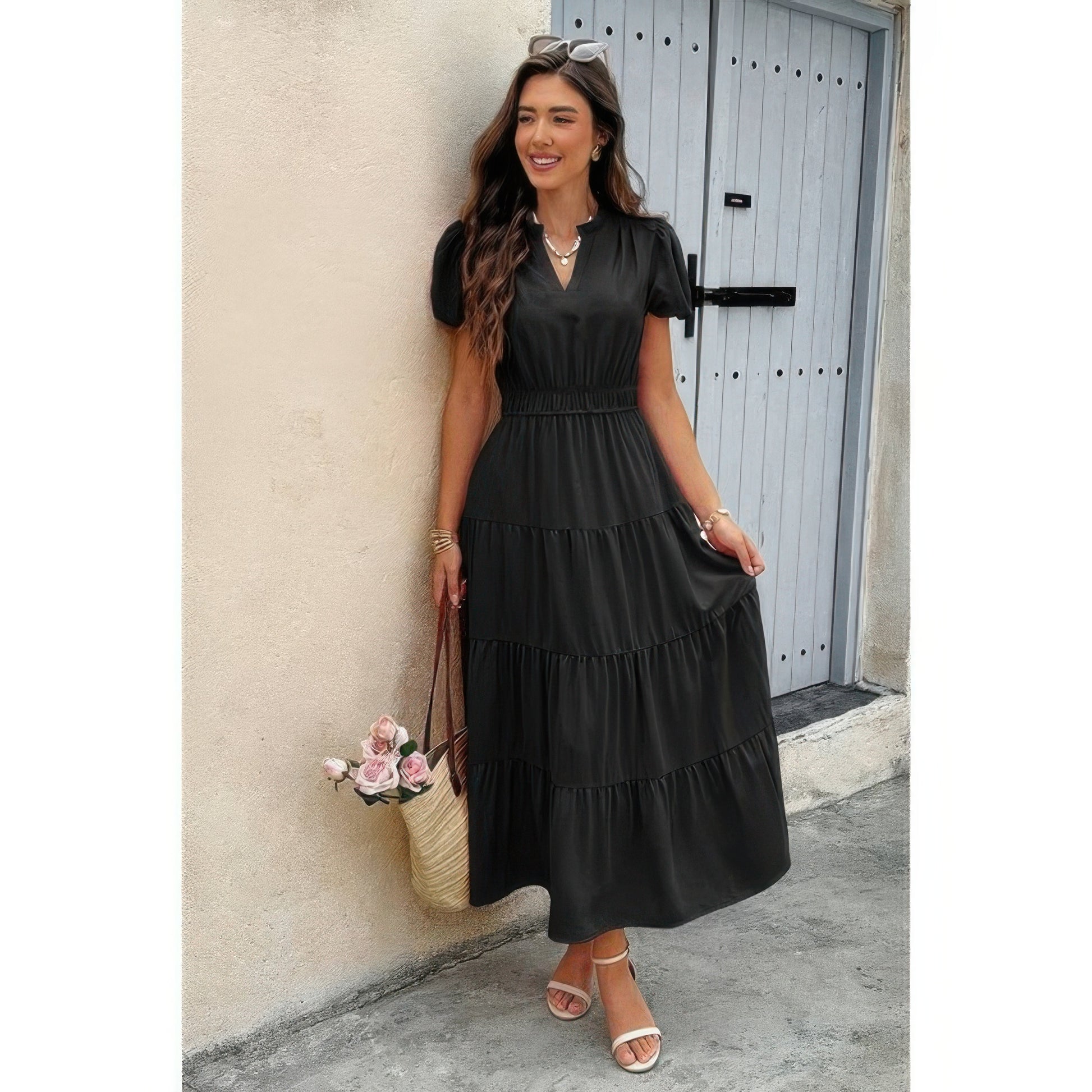 Solid V Neck Color Block Elastic Waist Dress