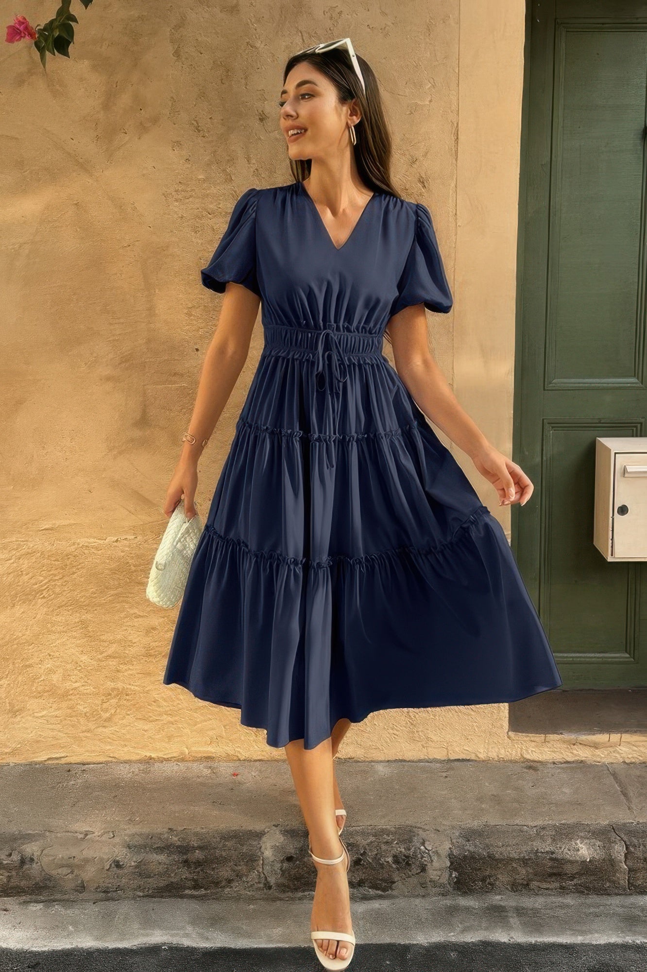 Solid Color Block Puff Sleeve Elastic Waist Dress