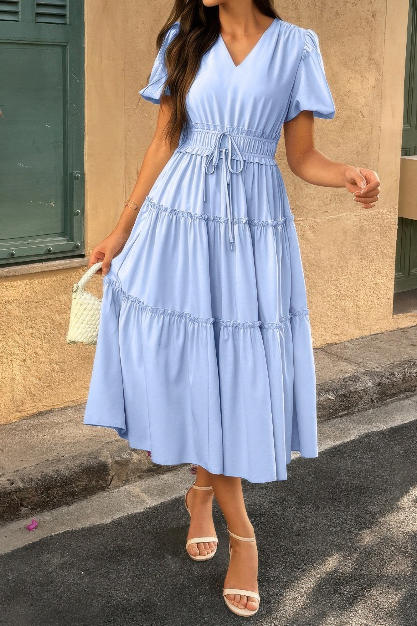 Solid Color Block Puff Sleeve Elastic Waist Dress