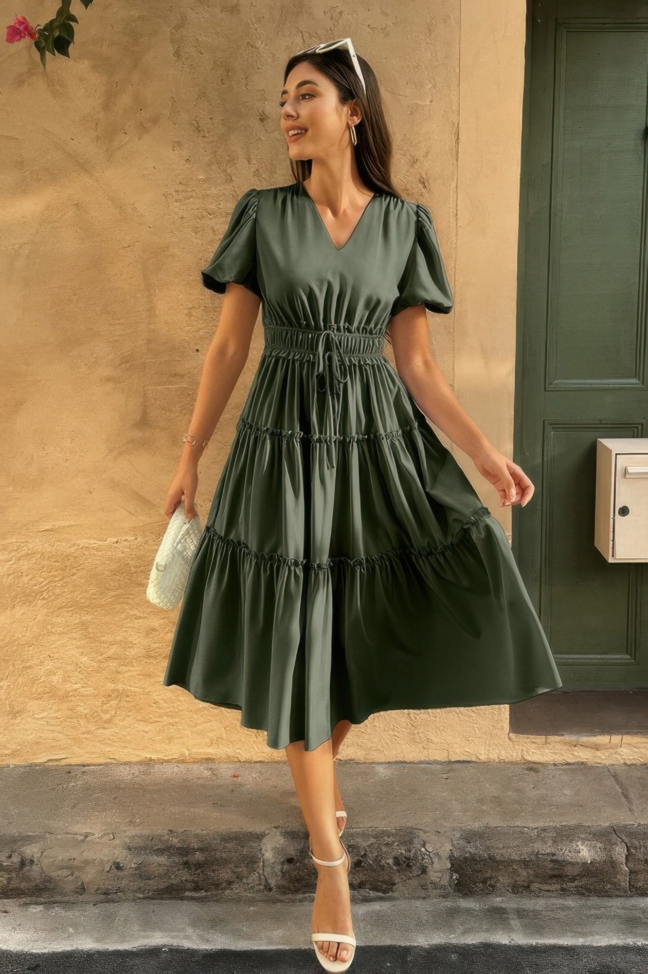 Solid Color Block Puff Sleeve Elastic Waist Dress