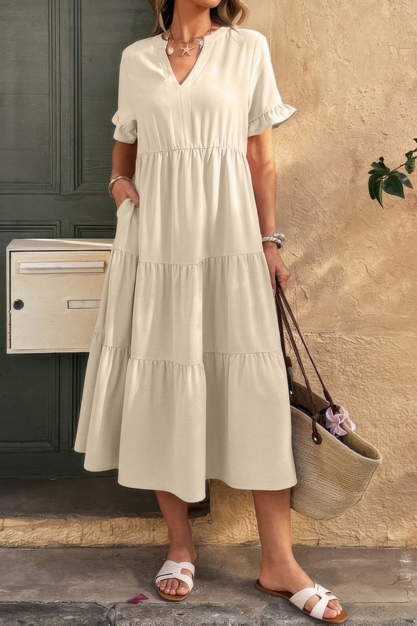 Solid A Line Ruffle Hem Color Block Dress