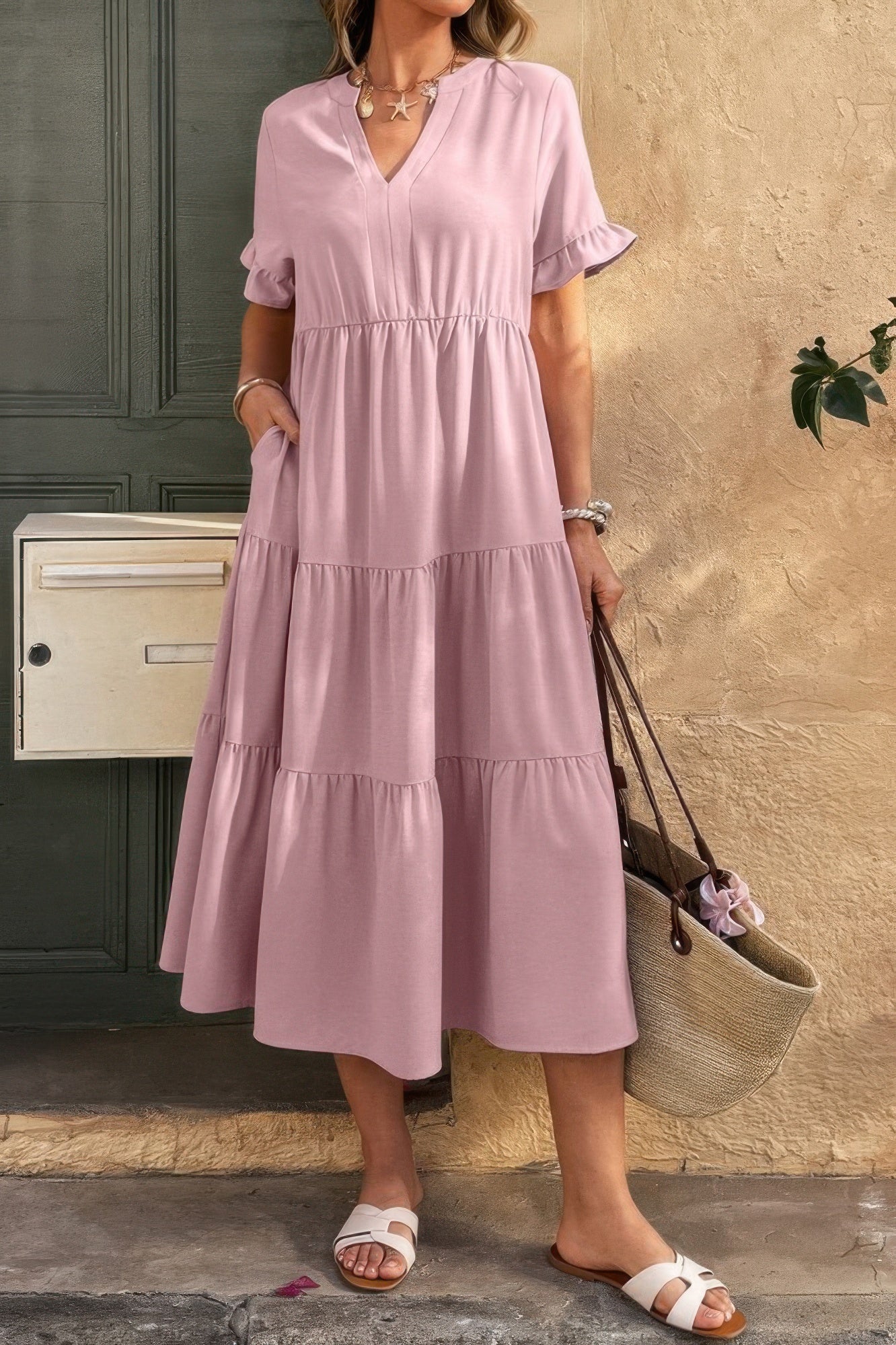 Solid A Line Ruffle Hem Color Block Dress