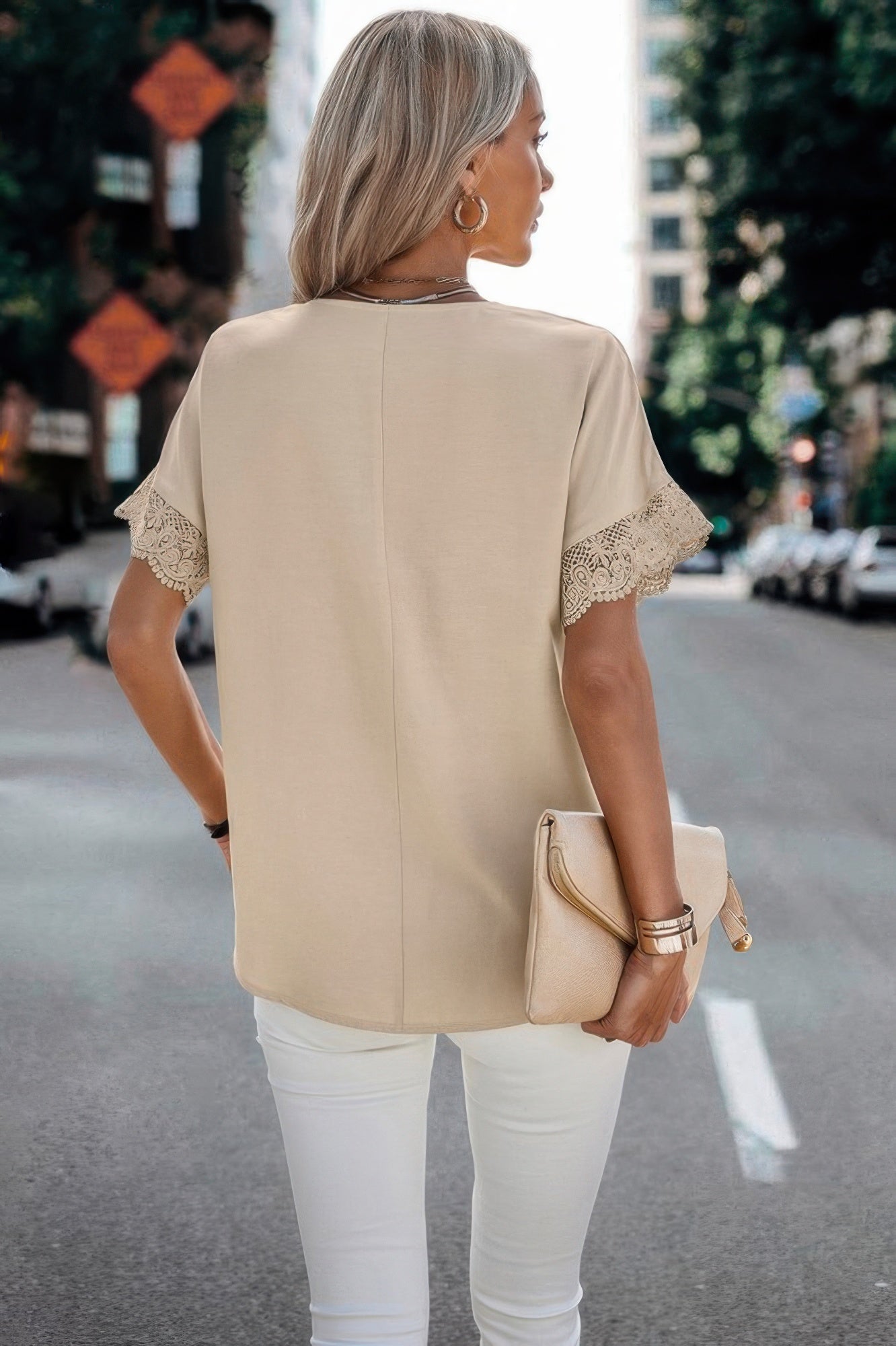 Solid Lace Trim Sleeve V Neck Fit Blouse