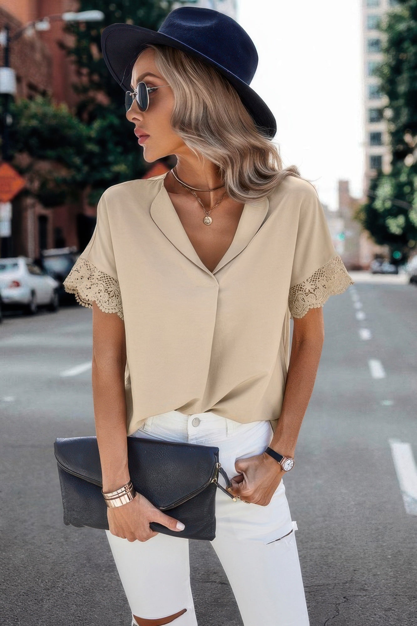 Solid Lace Trim Sleeve V Neck Fit Blouse
