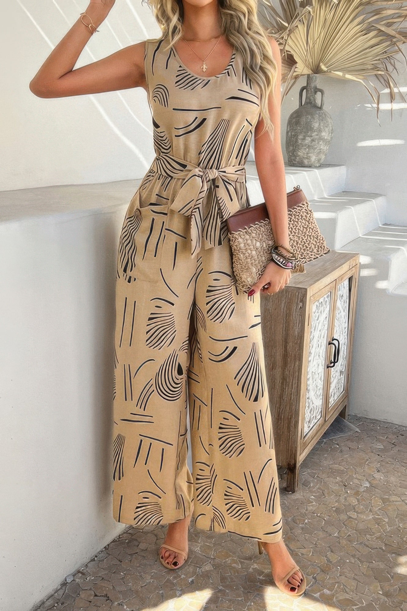 Allover Print Sleeveless Wide Leg Tie Waist Jumpsuit